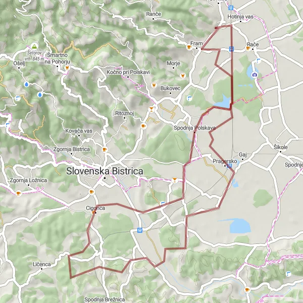 Karten-Miniaturansicht der Radinspiration "Hotinja vas und Pragersko Schotterroute" in Vzhodna Slovenija, Slovenia. Erstellt vom Tarmacs.app-Routenplaner für Radtouren