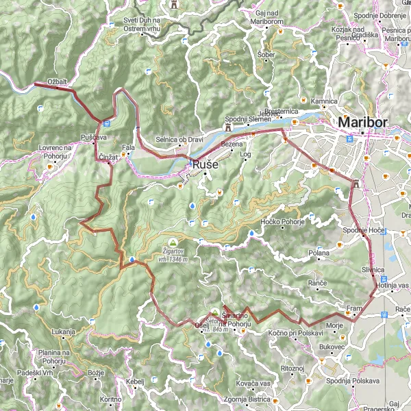 Miniatura della mappa di ispirazione al ciclismo "Esplorazione in mountain bike tra sentieri sterrati" nella regione di Vzhodna Slovenija, Slovenia. Generata da Tarmacs.app, pianificatore di rotte ciclistiche