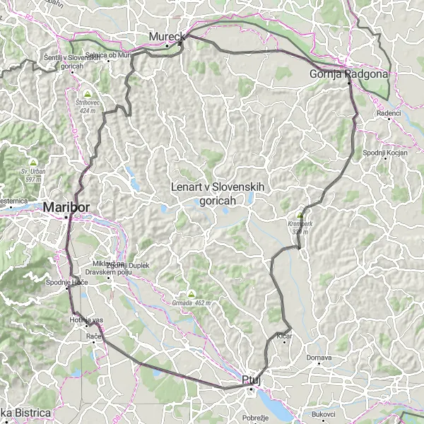 Miniatura della mappa di ispirazione al ciclismo "Giro in bicicletta panoramico attraverso Maribor e Ptuj" nella regione di Vzhodna Slovenija, Slovenia. Generata da Tarmacs.app, pianificatore di rotte ciclistiche