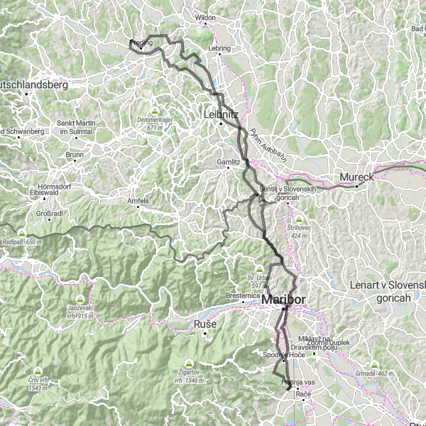 Miniatura della mappa di ispirazione al ciclismo "Giro in bicicletta Radizel - Maribor - Radizel" nella regione di Vzhodna Slovenija, Slovenia. Generata da Tarmacs.app, pianificatore di rotte ciclistiche