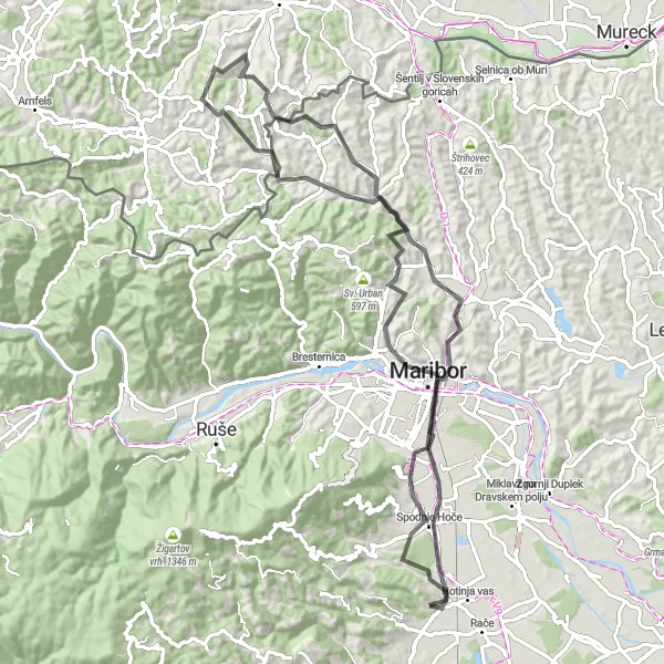 Miniatura della mappa di ispirazione al ciclismo "Giro collinare intorno a Maribor" nella regione di Vzhodna Slovenija, Slovenia. Generata da Tarmacs.app, pianificatore di rotte ciclistiche