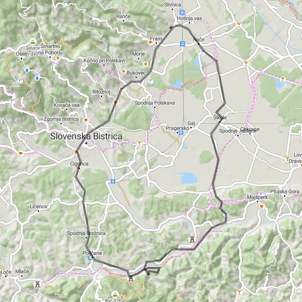 Karten-Miniaturansicht der Radinspiration "Slovenska Bistrica und Radizel Route" in Vzhodna Slovenija, Slovenia. Erstellt vom Tarmacs.app-Routenplaner für Radtouren