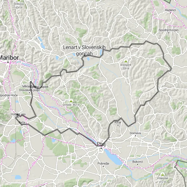 Map miniature of "Gmina Hills Loop" cycling inspiration in Vzhodna Slovenija, Slovenia. Generated by Tarmacs.app cycling route planner