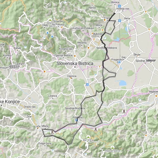 Miniatura della mappa di ispirazione al ciclismo "Giro in bicicletta di 69 km da Radizel a Radizel" nella regione di Vzhodna Slovenija, Slovenia. Generata da Tarmacs.app, pianificatore di rotte ciclistiche