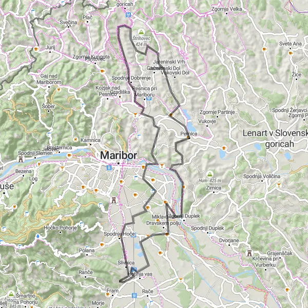 Miniatura della mappa di ispirazione al ciclismo "Tour in bicicletta tra Kamenščak e Bohova" nella regione di Vzhodna Slovenija, Slovenia. Generata da Tarmacs.app, pianificatore di rotte ciclistiche