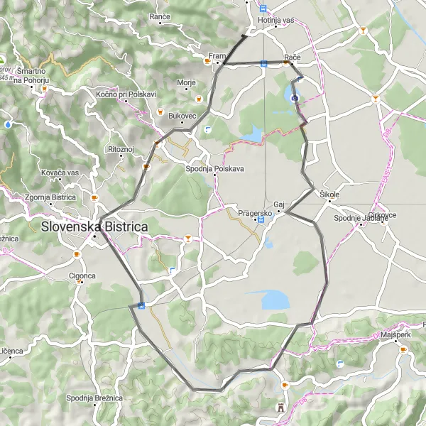 Map miniature of "Polskava Loop" cycling inspiration in Vzhodna Slovenija, Slovenia. Generated by Tarmacs.app cycling route planner
