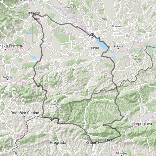 Map miniature of "Hills and Castles Road Challenge" cycling inspiration in Vzhodna Slovenija, Slovenia. Generated by Tarmacs.app cycling route planner
