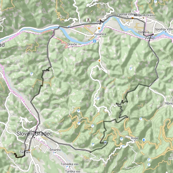 Zemljevid v pomanjšavi "Pot s pogledi na Slovenske gorice" kolesarske inspiracije v Vzhodna Slovenija, Slovenia. Generirano z načrtovalcem kolesarskih poti Tarmacs.app