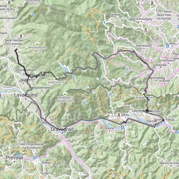 Map miniature of "Drava Delights" cycling inspiration in Vzhodna Slovenija, Slovenia. Generated by Tarmacs.app cycling route planner