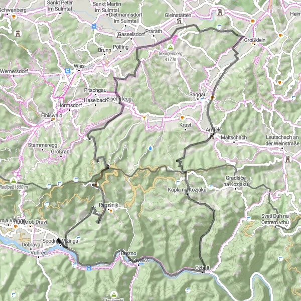 Map miniature of "Sankt Ulrich Excursion" cycling inspiration in Vzhodna Slovenija, Slovenia. Generated by Tarmacs.app cycling route planner