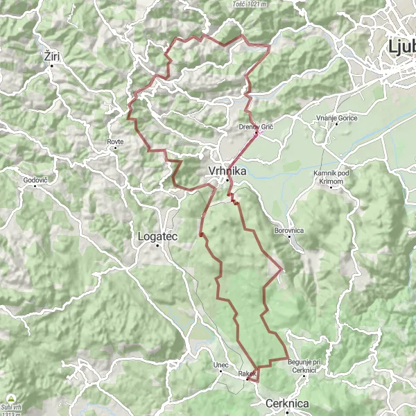 Miniatura della mappa di ispirazione al ciclismo "Gravel Tour dei Villaggi Intorno a Rakek" nella regione di Vzhodna Slovenija, Slovenia. Generata da Tarmacs.app, pianificatore di rotte ciclistiche