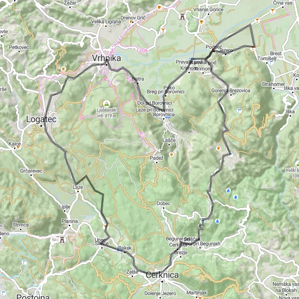 Miniatura della mappa di ispirazione al ciclismo "Tour in bicicletta tra Borovnica e Unec" nella regione di Vzhodna Slovenija, Slovenia. Generata da Tarmacs.app, pianificatore di rotte ciclistiche