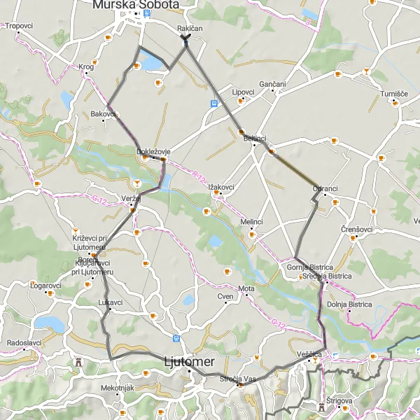Map miniature of "Rakičan Loop" cycling inspiration in Vzhodna Slovenija, Slovenia. Generated by Tarmacs.app cycling route planner