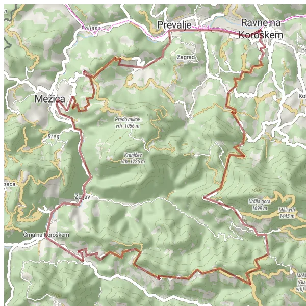 Map miniature of "Ravne to Prevalje" cycling inspiration in Vzhodna Slovenija, Slovenia. Generated by Tarmacs.app cycling route planner