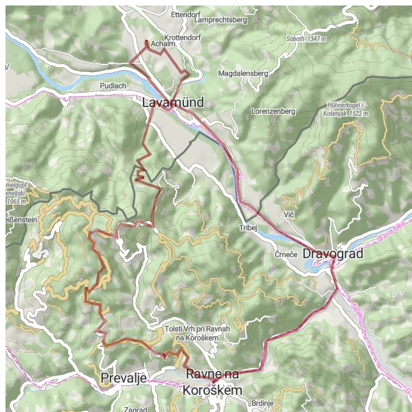 Miniatura della mappa di ispirazione al ciclismo "Esplorazione in bicicletta di Ravne na Koroškem" nella regione di Vzhodna Slovenija, Slovenia. Generata da Tarmacs.app, pianificatore di rotte ciclistiche