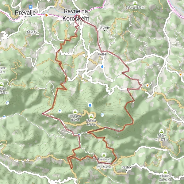 Zemljevid v pomanjšavi "Gravel Kotlje Adventure" kolesarske inspiracije v Vzhodna Slovenija, Slovenia. Generirano z načrtovalcem kolesarskih poti Tarmacs.app