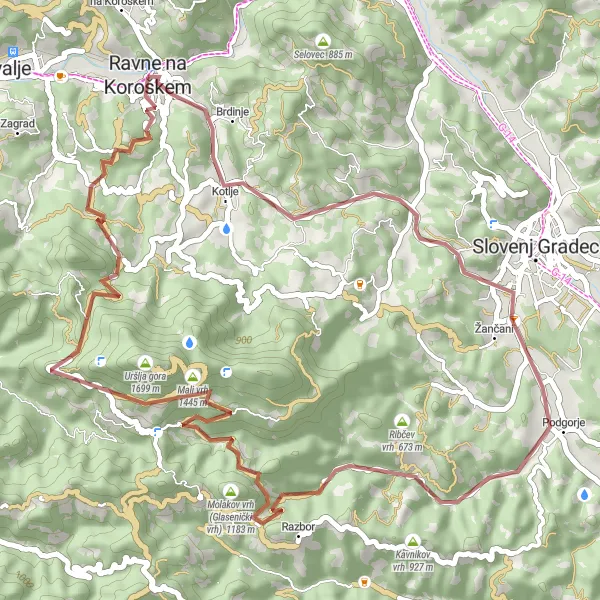 Miniaturní mapa "Gravelový okruh kolem Ravne na Koroškem" inspirace pro cyklisty v oblasti Vzhodna Slovenija, Slovenia. Vytvořeno pomocí plánovače tras Tarmacs.app