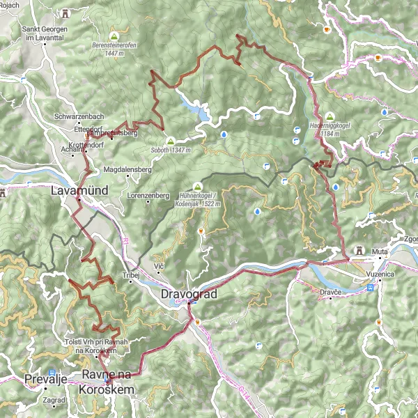 Miniatura della mappa di ispirazione al ciclismo "Avventura in bicicletta attraverso la natura" nella regione di Vzhodna Slovenija, Slovenia. Generata da Tarmacs.app, pianificatore di rotte ciclistiche