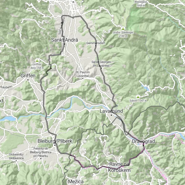 Miniatura della mappa di ispirazione al ciclismo "Giro ciclistico attraverso Dravograd" nella regione di Vzhodna Slovenija, Slovenia. Generata da Tarmacs.app, pianificatore di rotte ciclistiche