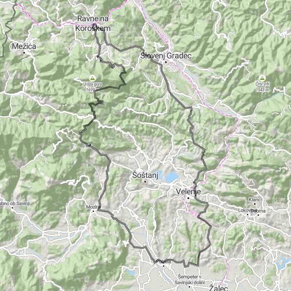 Map miniature of "The Koroška Adventure" cycling inspiration in Vzhodna Slovenija, Slovenia. Generated by Tarmacs.app cycling route planner