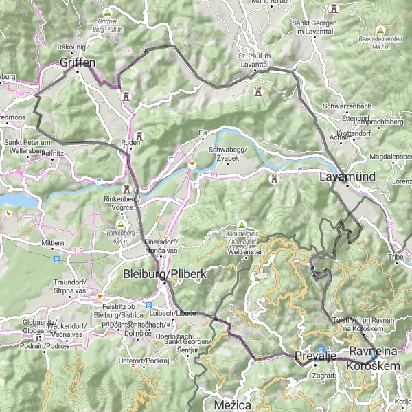 Map miniature of "Ravne Gravel Challenge" cycling inspiration in Vzhodna Slovenija, Slovenia. Generated by Tarmacs.app cycling route planner