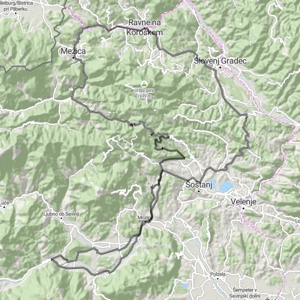 Miniatura mapy "Trasa szosowa do Črna na Koroškem" - trasy rowerowej w Vzhodna Slovenija, Slovenia. Wygenerowane przez planer tras rowerowych Tarmacs.app