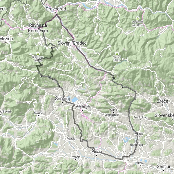 Karten-Miniaturansicht der Radinspiration "Rundfahrt ab Ravne na Koroškem - Straßenfahrrad" in Vzhodna Slovenija, Slovenia. Erstellt vom Tarmacs.app-Routenplaner für Radtouren