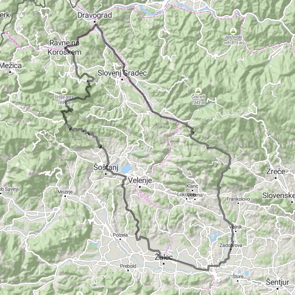 Miniatura della mappa di ispirazione al ciclismo "L'avventura tra le montagne di Vzhodna Slovenia" nella regione di Vzhodna Slovenija, Slovenia. Generata da Tarmacs.app, pianificatore di rotte ciclistiche