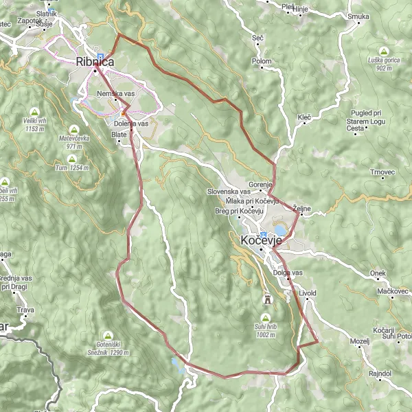 Map miniature of "Gravel Adventure to Mala gora and Dolenja vas" cycling inspiration in Vzhodna Slovenija, Slovenia. Generated by Tarmacs.app cycling route planner