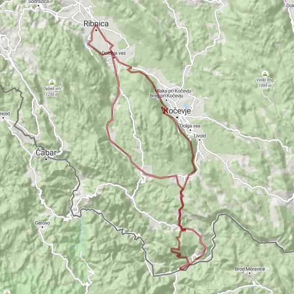 Map miniature of "Ribnica Gravel Adventure" cycling inspiration in Vzhodna Slovenija, Slovenia. Generated by Tarmacs.app cycling route planner