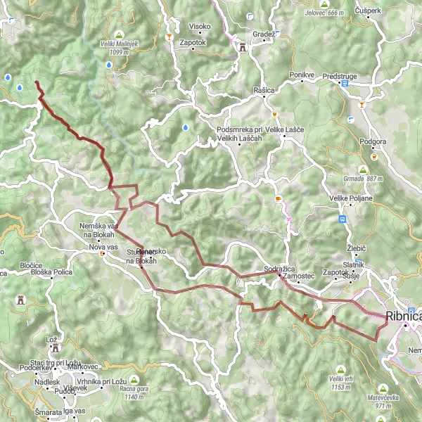 Miniatura della mappa di ispirazione al ciclismo "Tour in bicicletta gravel attraverso le colline slovene" nella regione di Vzhodna Slovenija, Slovenia. Generata da Tarmacs.app, pianificatore di rotte ciclistiche