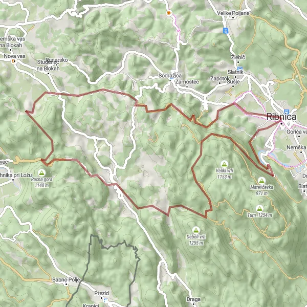 Miniaturní mapa "Gravel trasa kolem Ribnica" inspirace pro cyklisty v oblasti Vzhodna Slovenija, Slovenia. Vytvořeno pomocí plánovače tras Tarmacs.app