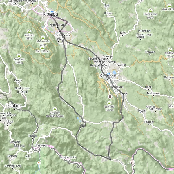 Map miniature of "Ribnica and Kočevska Reka Loop" cycling inspiration in Vzhodna Slovenija, Slovenia. Generated by Tarmacs.app cycling route planner