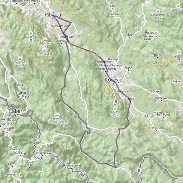 Zemljevid v pomanjšavi "Road Route: Pihl to Ribnica" kolesarske inspiracije v Vzhodna Slovenija, Slovenia. Generirano z načrtovalcem kolesarskih poti Tarmacs.app