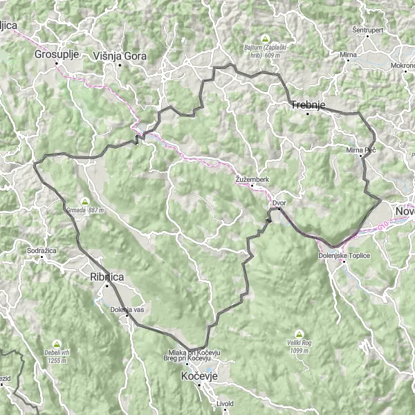 Map miniature of "Scenic Loop to Šentlovrenc and Veliki Humec" cycling inspiration in Vzhodna Slovenija, Slovenia. Generated by Tarmacs.app cycling route planner