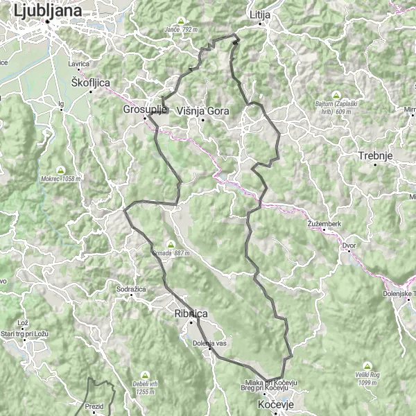 Karten-Miniaturansicht der Radinspiration "Eine epische Reise von Ribnica zu den Schätzen von Veliko Trebeljevo" in Vzhodna Slovenija, Slovenia. Erstellt vom Tarmacs.app-Routenplaner für Radtouren