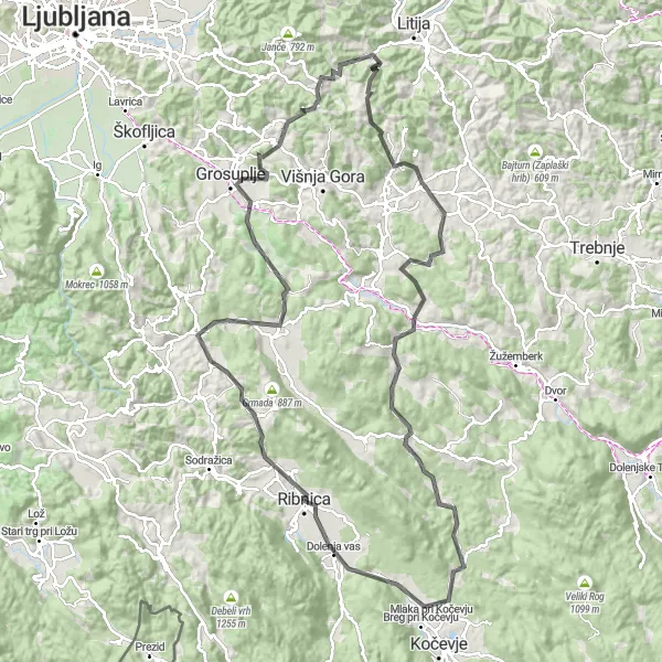 Miniatura della mappa di ispirazione al ciclismo "Avventuroso giro in bici da Ribnica a Grosuplje" nella regione di Vzhodna Slovenija, Slovenia. Generata da Tarmacs.app, pianificatore di rotte ciclistiche