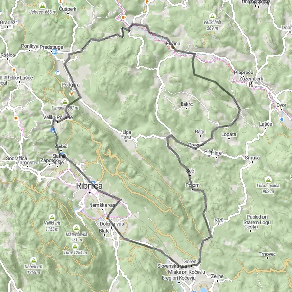 Miniatura della mappa di ispirazione al ciclismo "Giro in bicicletta intorno a Ribnica" nella regione di Vzhodna Slovenija, Slovenia. Generata da Tarmacs.app, pianificatore di rotte ciclistiche