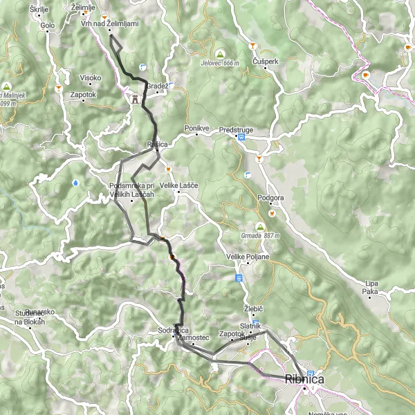 Miniatura della mappa di ispirazione al ciclismo "Giro in bici da Ribnica a Ribnica" nella regione di Vzhodna Slovenija, Slovenia. Generata da Tarmacs.app, pianificatore di rotte ciclistiche