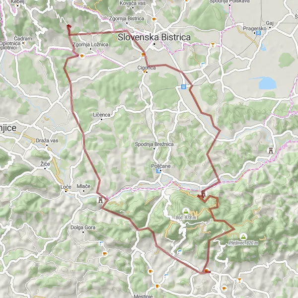 Map miniature of "Gravel Adventure: Zgornji Gabernik Circuit" cycling inspiration in Vzhodna Slovenija, Slovenia. Generated by Tarmacs.app cycling route planner