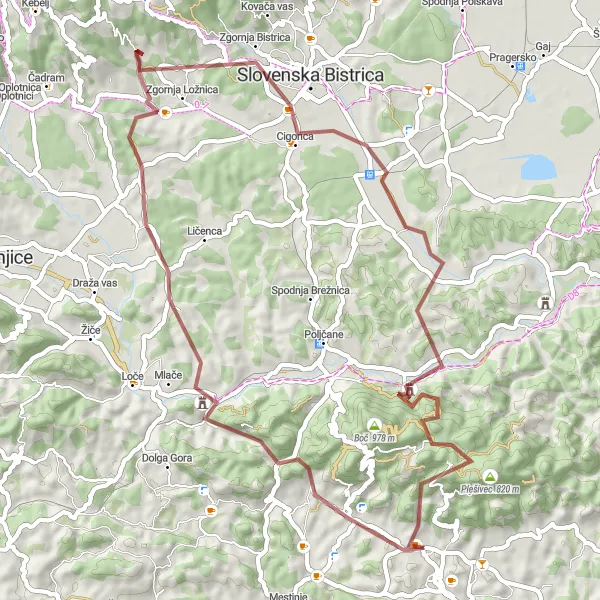 Miniatura della mappa di ispirazione al ciclismo "Esplorazione in bicicletta tra natura e tradizione" nella regione di Vzhodna Slovenija, Slovenia. Generata da Tarmacs.app, pianificatore di rotte ciclistiche