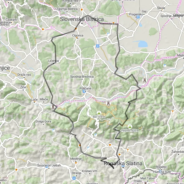 Miniaturní mapa "Trasa kolem Rogaška Slatina" inspirace pro cyklisty v oblasti Vzhodna Slovenija, Slovenia. Vytvořeno pomocí plánovače tras Tarmacs.app