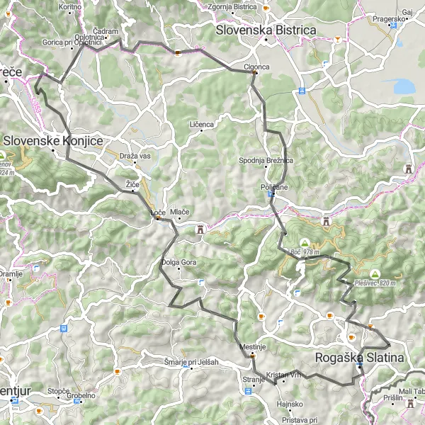 Miniatura della mappa di ispirazione al ciclismo "Rogaška Slatina - Drenovec Loop" nella regione di Vzhodna Slovenija, Slovenia. Generata da Tarmacs.app, pianificatore di rotte ciclistiche