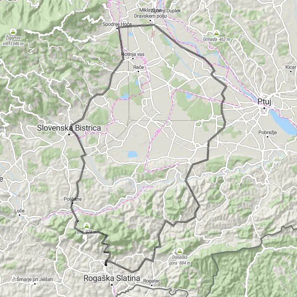 Miniatura della mappa di ispirazione al ciclismo "Giro di 97 km da Rogaška Slatina" nella regione di Vzhodna Slovenija, Slovenia. Generata da Tarmacs.app, pianificatore di rotte ciclistiche