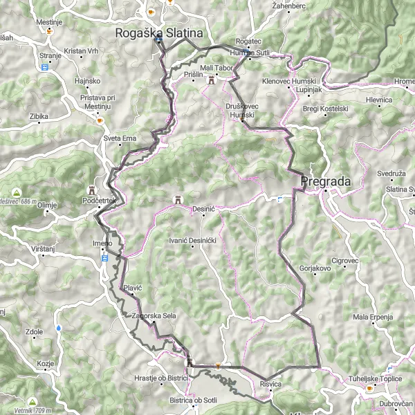 Miniaturní mapa "Cesta přes Janinu a Hum na Sutli" inspirace pro cyklisty v oblasti Vzhodna Slovenija, Slovenia. Vytvořeno pomocí plánovače tras Tarmacs.app