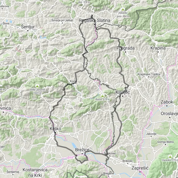 Miniatura della mappa di ispirazione al ciclismo "Circuito di 135 km con partenza da Rogaška Slatina" nella regione di Vzhodna Slovenija, Slovenia. Generata da Tarmacs.app, pianificatore di rotte ciclistiche