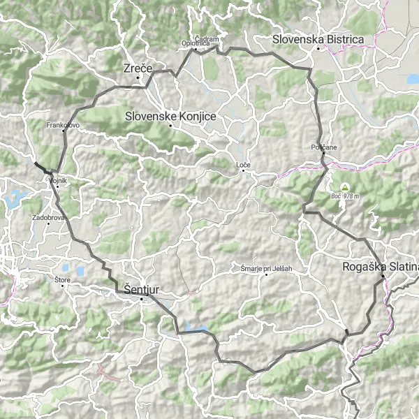 Map miniature of "Countryside Tour of Šentjur and Surroundings" cycling inspiration in Vzhodna Slovenija, Slovenia. Generated by Tarmacs.app cycling route planner