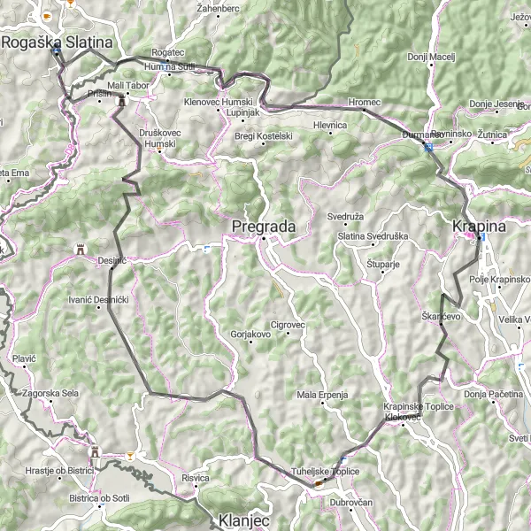 Karten-Miniaturansicht der Radinspiration "Hügeliges Road-Biking-Abenteuer" in Vzhodna Slovenija, Slovenia. Erstellt vom Tarmacs.app-Routenplaner für Radtouren