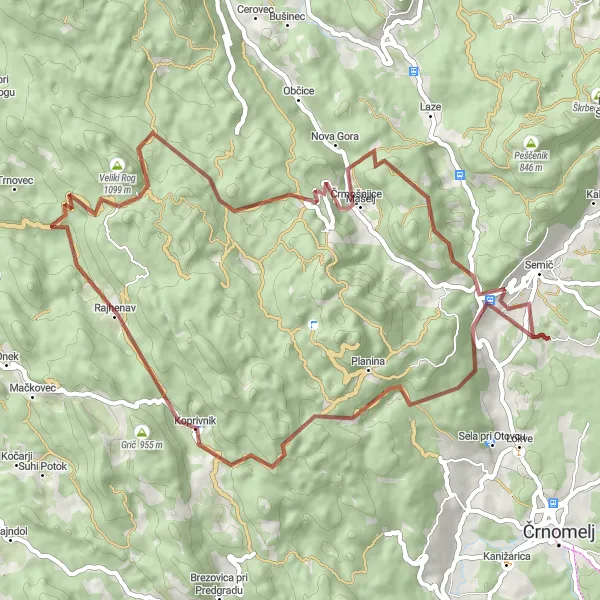 Zemljevid v pomanjšavi "Semič - Vinska gora - Črmošnjice - Gaber" kolesarske inspiracije v Vzhodna Slovenija, Slovenia. Generirano z načrtovalcem kolesarskih poti Tarmacs.app