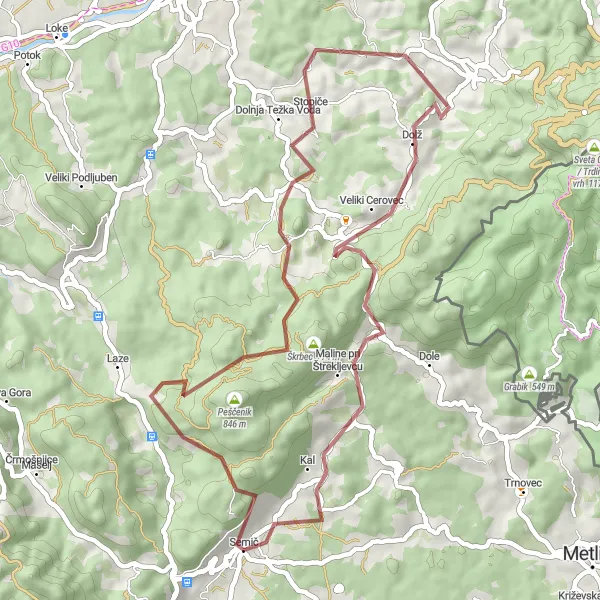 Miniatura della mappa di ispirazione al ciclismo "Esplorazione delle Colline di Semič in Gravel" nella regione di Vzhodna Slovenija, Slovenia. Generata da Tarmacs.app, pianificatore di rotte ciclistiche